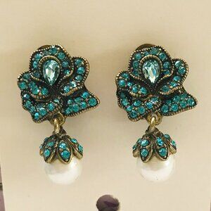 Heidi Daus Flower Pearl Blue Crystal Dangle Earrings